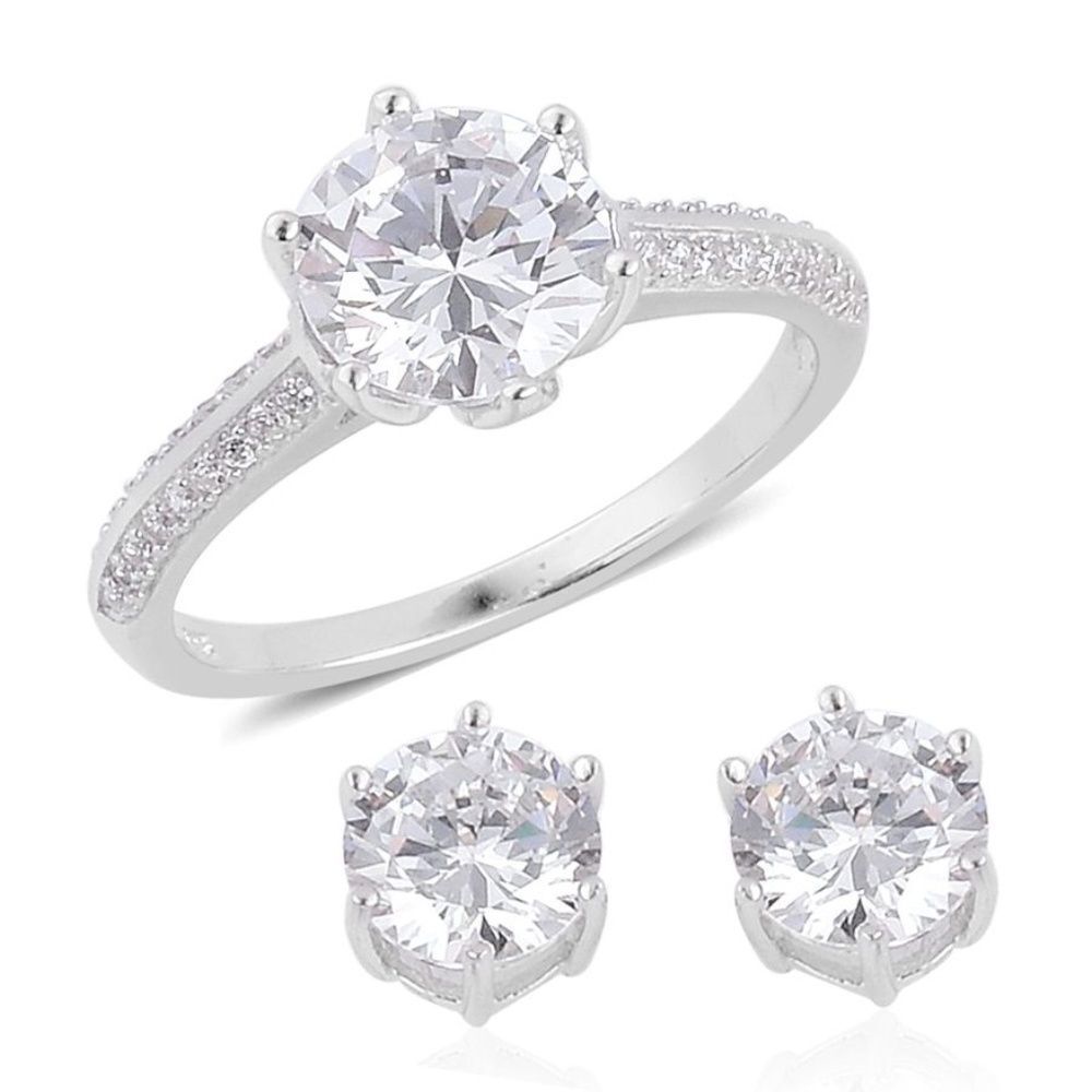 Simulated Diamond Ring Earring Set Sterling Size 8